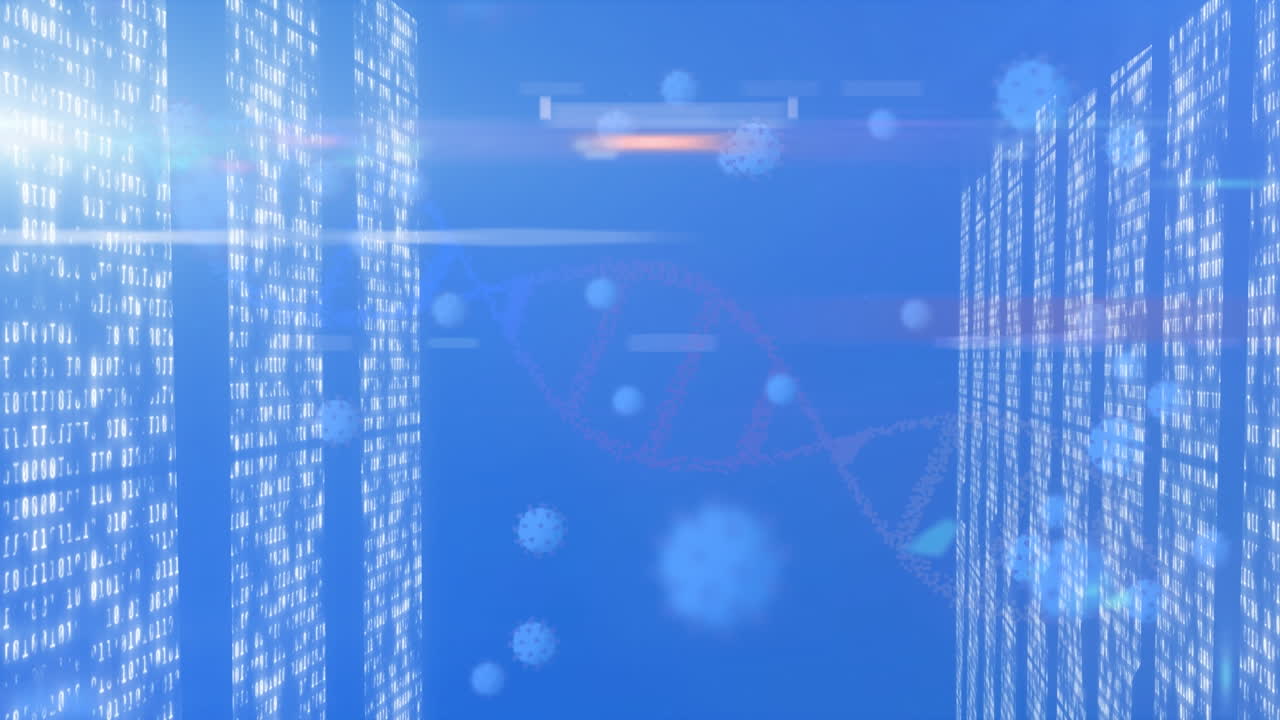 파란색 배경에서 컴퓨터 서버를 통해 코로나19 세포의 dna 스트랜드 애니메이션