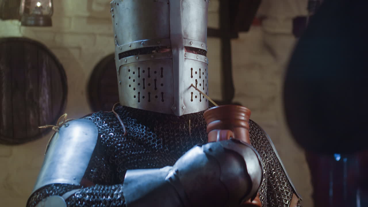 un caballero bebe cerveza a través de paja de planta en una taberna. un misterioso guerrero medieval evita el reconocimiento dejando el casco en la cabeza bebiendo en un pub.