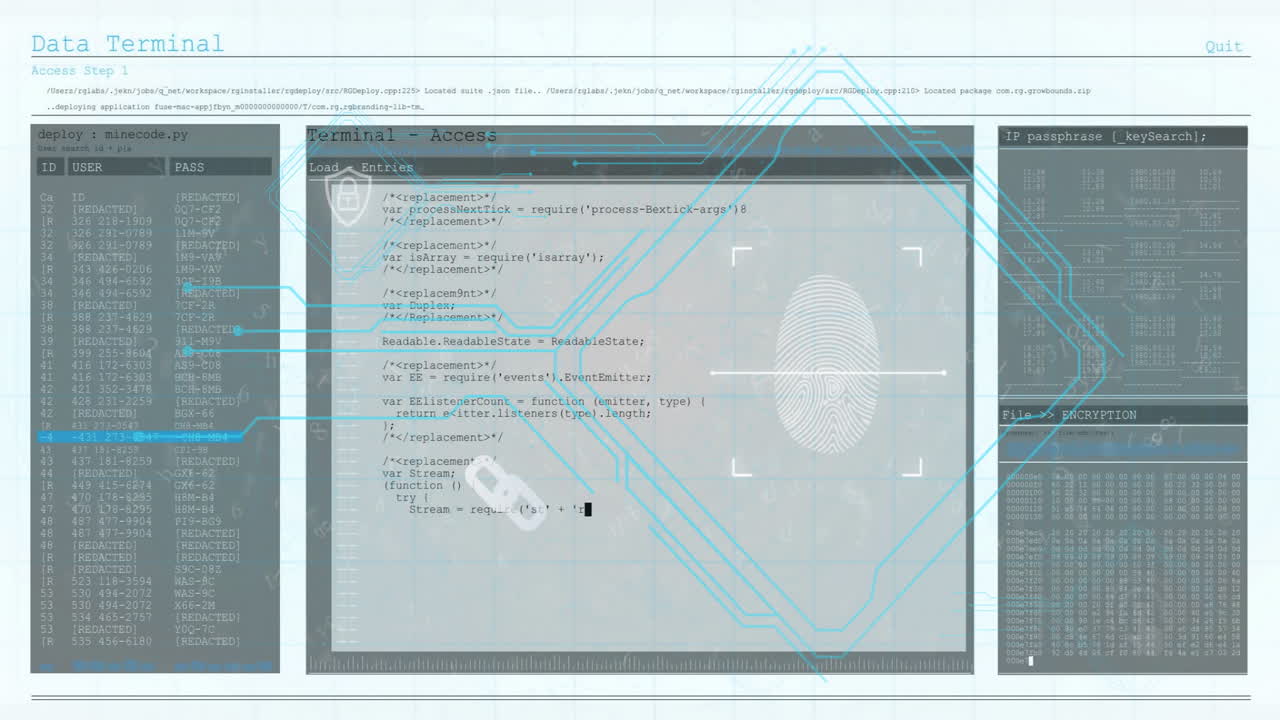 Fingerprint scanning animation with code on digital interface terminal screen
