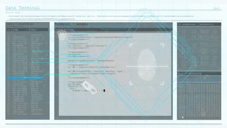 Fingerprint scanning animation with code on digital interface terminal screen