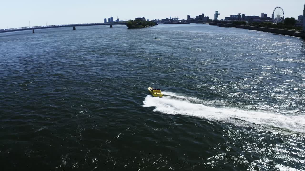 A jet boat racing across the St. Lawrence River in Montreal, offering tourists an adrenaline-fueled ride. The river's waves and the city skyline create an exhilarating scene. Tourist destination.
