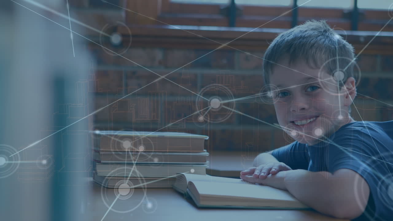 Animation of network of connections over portrait of caucasian boy smiling in the class at school