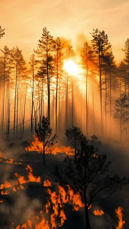 wildfire blaze in forest at sunset. flames engulf a dense forest as the sun sets, casting an eerie glow through the smoke-filled air.