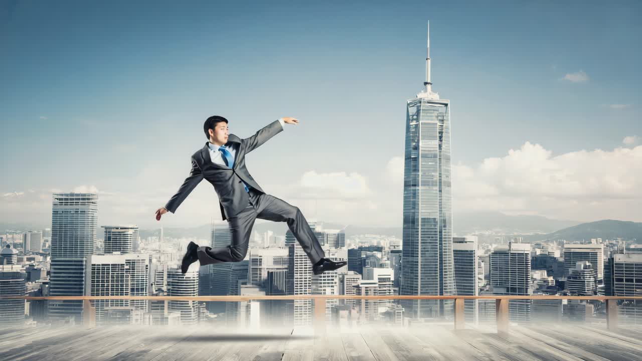 Businessman jumping over cityscape