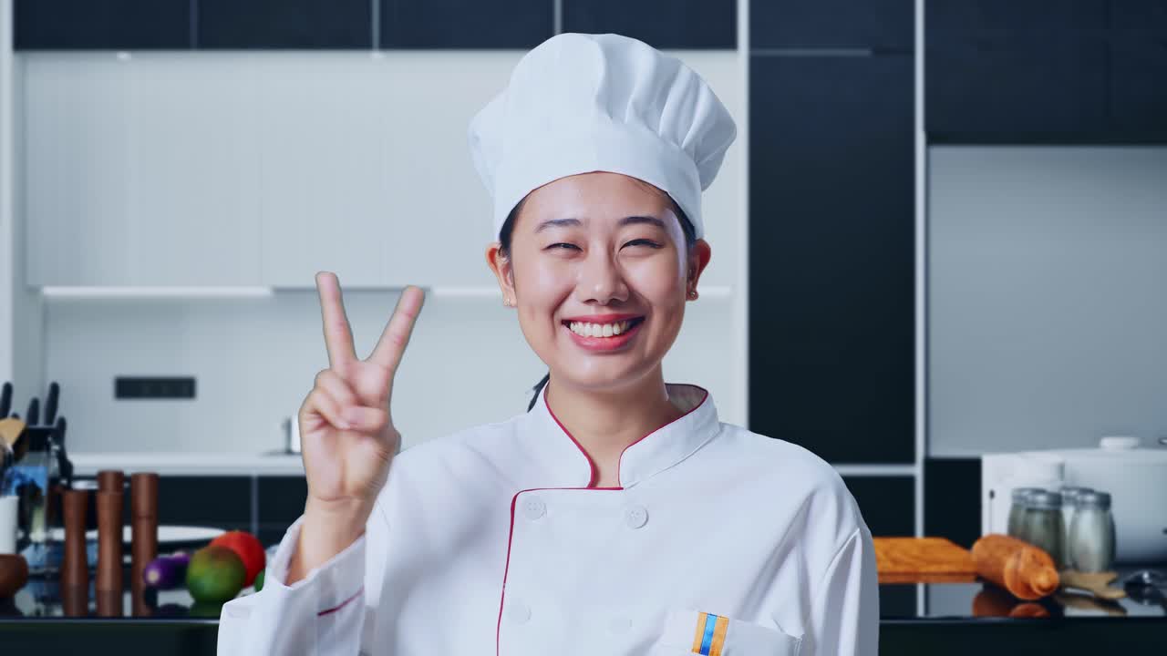 Nærbillede af asiatisk kvindelig kok, smilende og viser fredstegn mod kameraet i et hjemmekøkken