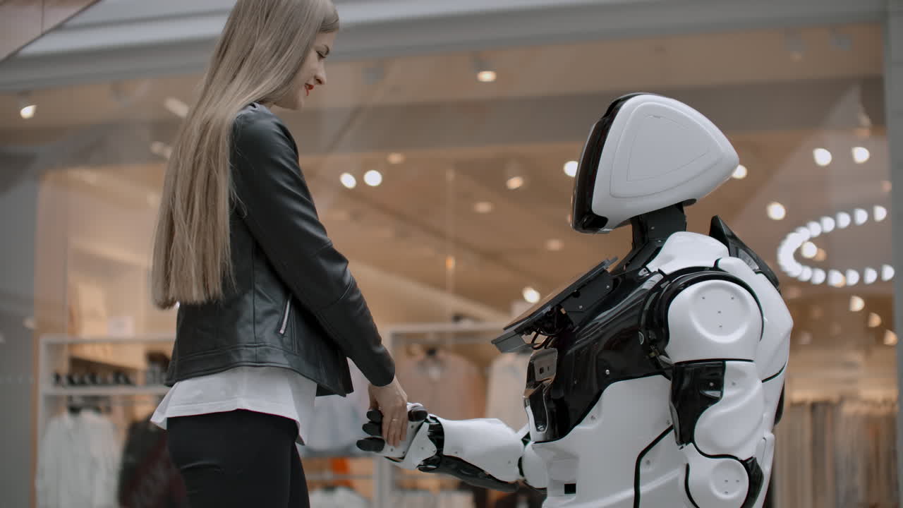 mujer sonriendo estrechando las manos trabajo. ser amigos con cyborg. entrar en un acuerdo con el robot