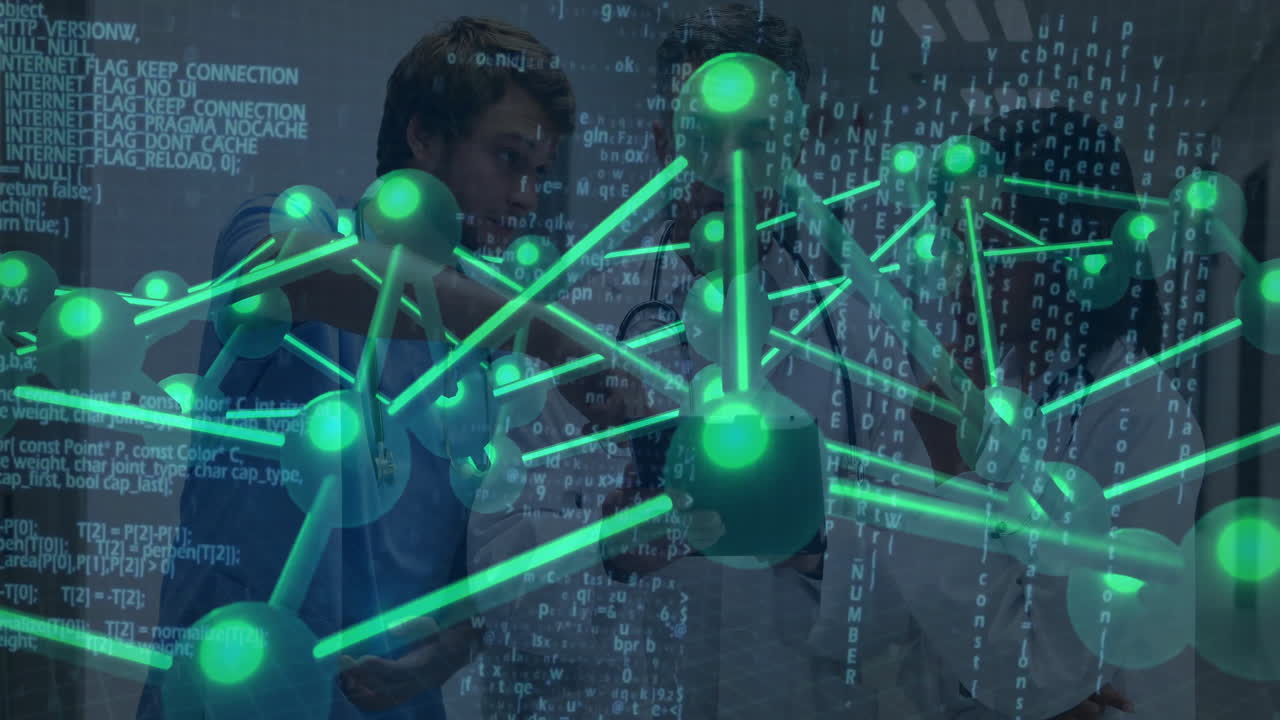 Medical team collaborating in clinic hallway analyzing tablet showing molecular network and code