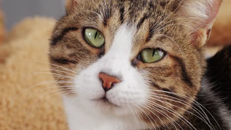 close-up of tricolor cat sitting and looking . kitty with yellow eyes. pet at home
