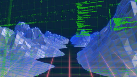 animation of data processing over digital mountains on black background