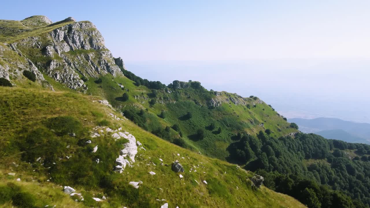 Aerial shot approaching lone tree on the cliffs below a mountain peak at sunrise