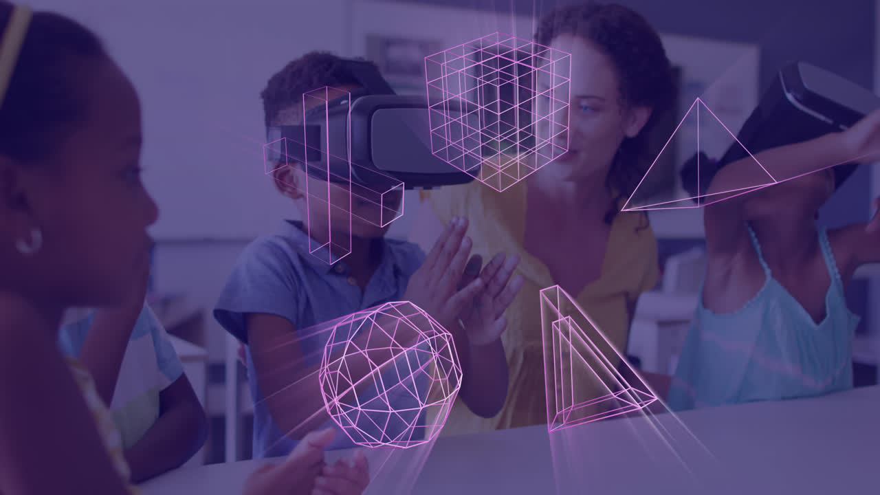 Animation of glowing 3d shapes and african american boy in vr headset