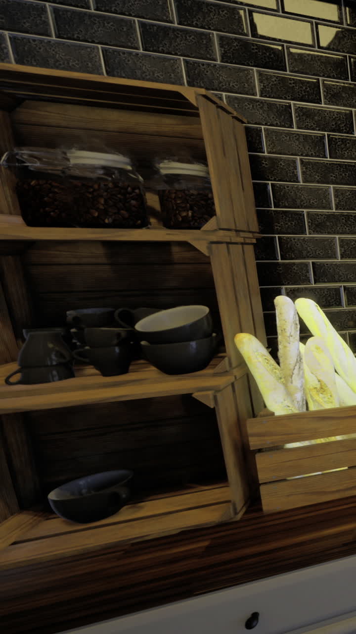 Beautiful wooden shelf holding warm baguettes and rustic kitchenware