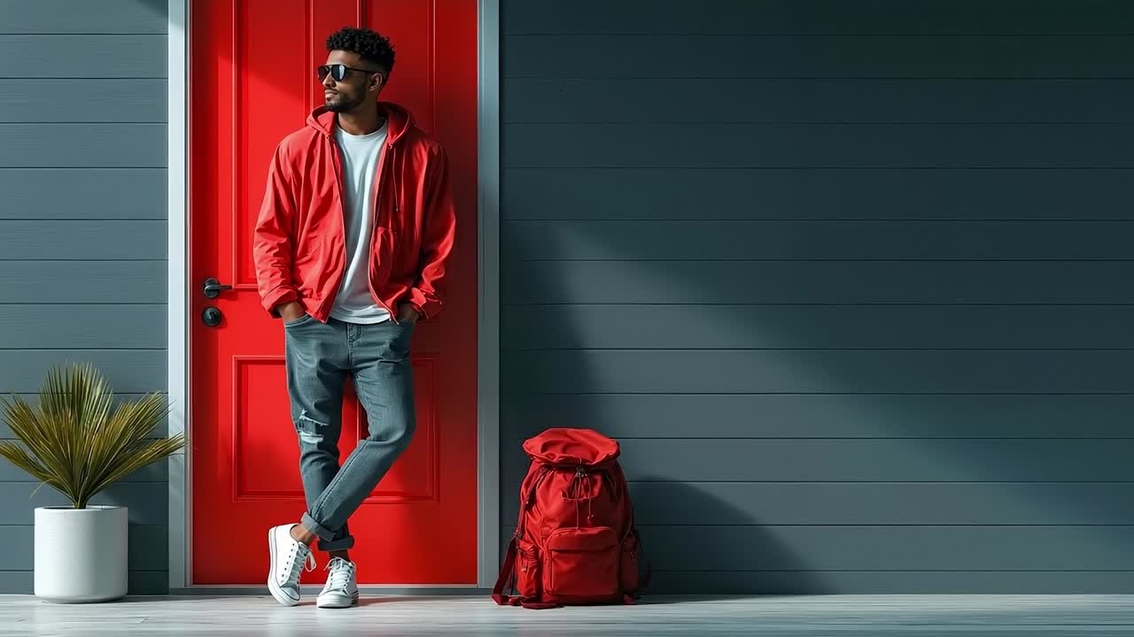 A man standing in front of a red door with a backpack