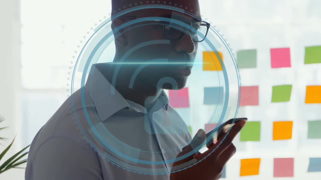 Man holding phone and speaking, showing Cyber Security HUD intensifying into padlock over note grid