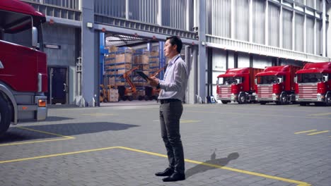 full body side view of asian male professional worker standing with his tablet, outside of logistics distributions warehouse, he observes by looking around before he come to concentrating with his tablet