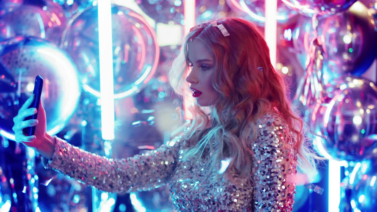 chica bonita haciendo un video en el teléfono en una fiesta. persona femenina linda posando en el club