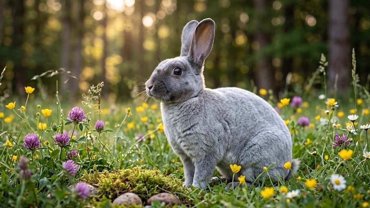 Šedý králík hledající potravu na květnaté louce při západu slunce