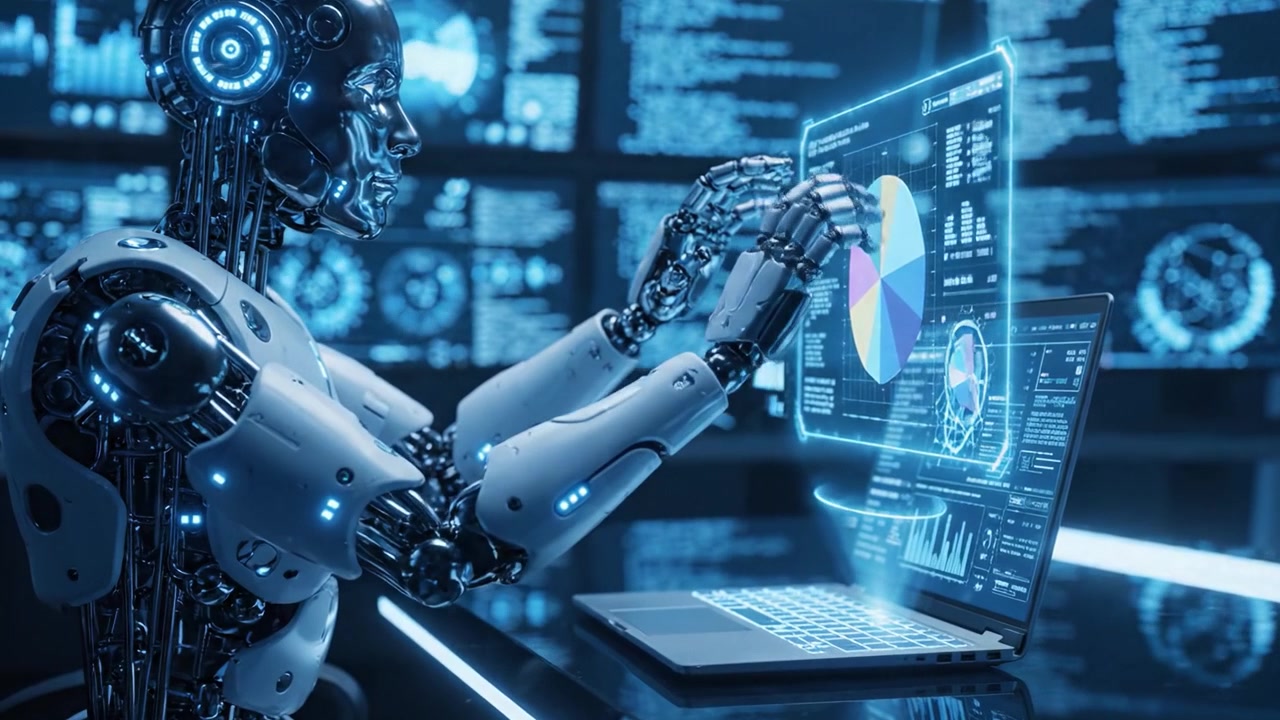 Futuristic Robot Engaged in Data Analysis: The Cutting-Edge Interaction Between Artificial Intelligence and Advanced Computing Technology in a High-Tech Environment