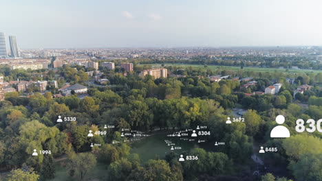 digital composition of profile icons with increasing numbers against aerial view of cityscape