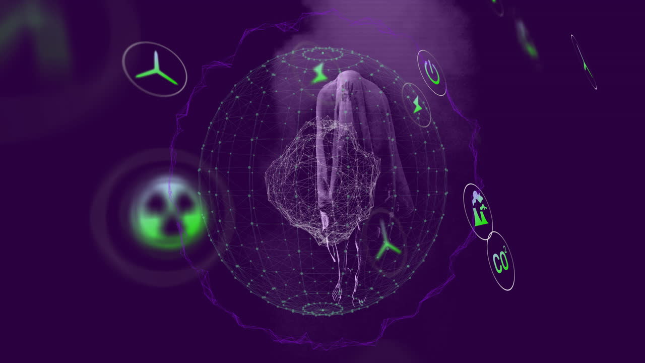 Animation of digital globe with environmental icons and abstract network connections