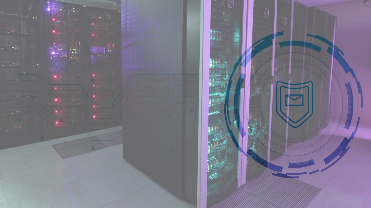 Animation of envelope and shield in loading circles, illuminated data server racks in server room