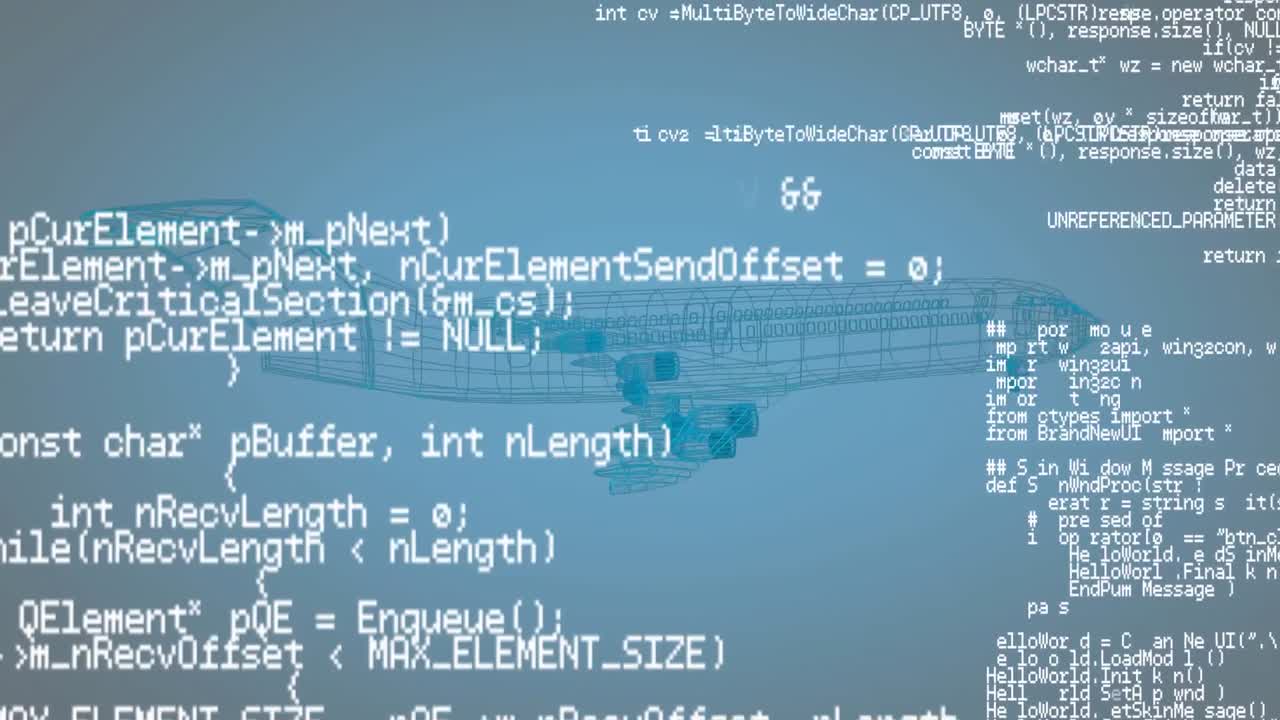 modelo digital 3d de un avión con códigos de interfaz