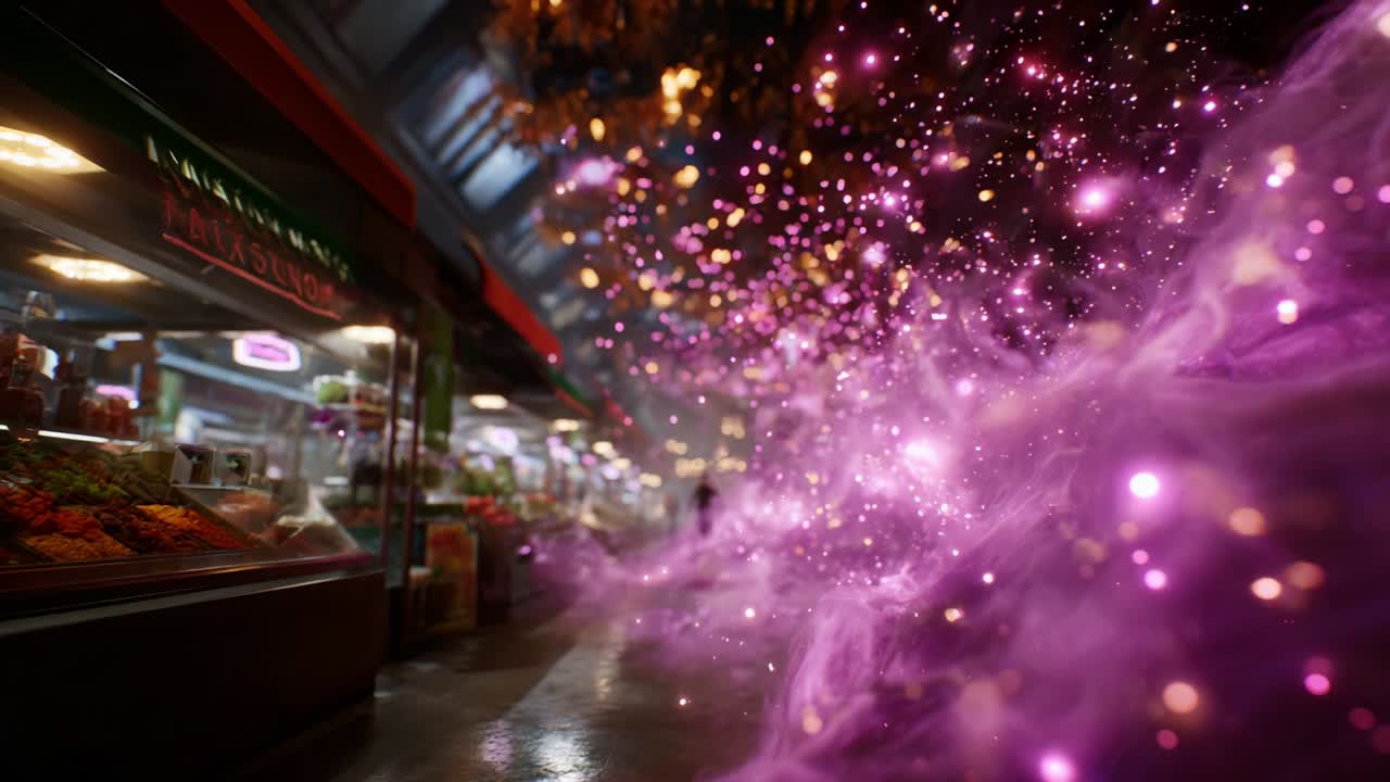 A Mystical Marketplace: Enchanted Colors and Ethereal Lights Transforming a Grocery Aisle into a Fantasy Realm with Sparkling Particles and Vivid Visuals in a Shopping Environment