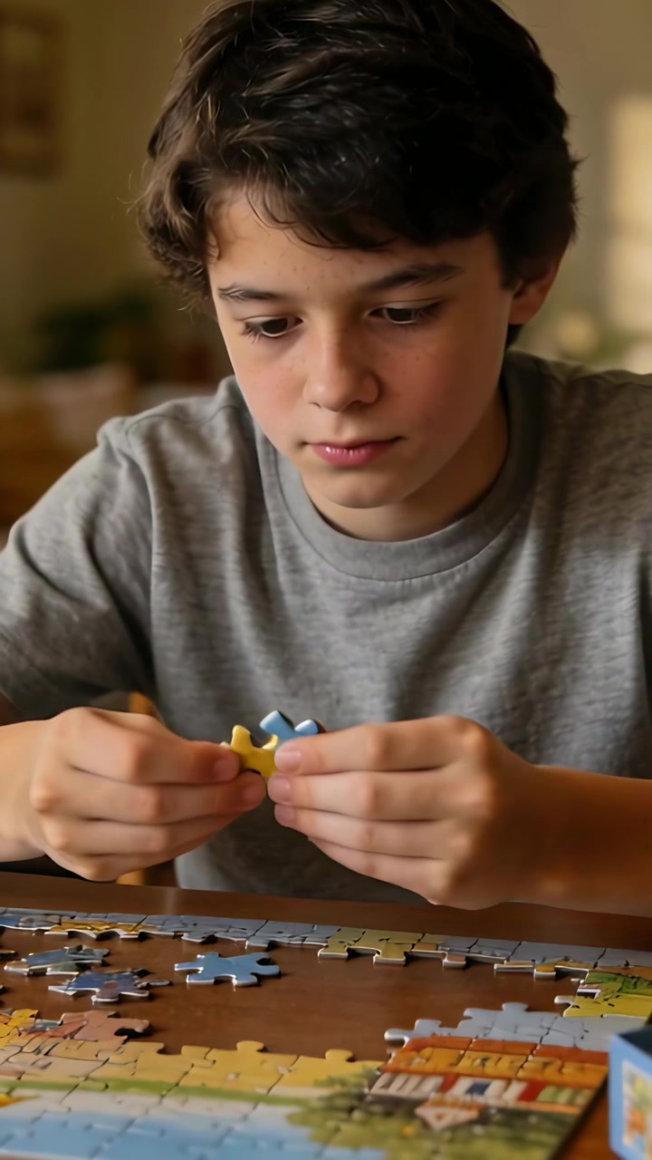 Video verticale: Un adolescente con una maglietta grigia che raccoglie un pezzo blu, lo ispeziona e assembla un puzzle su un tavolo di legno.