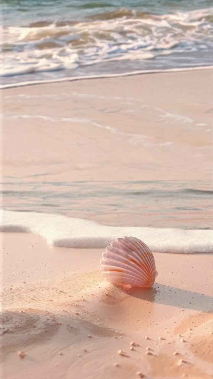 A serene beach scene with a seashell on sand, captured at a low angle