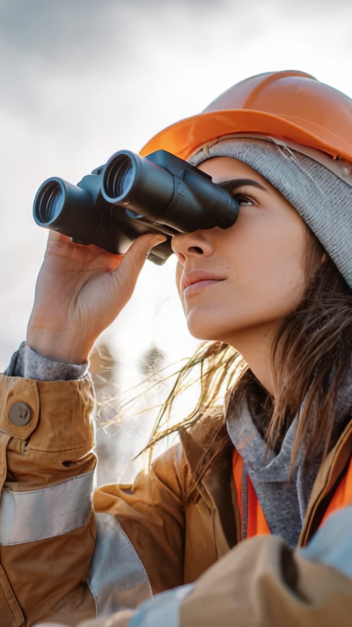 Un individuo concentrato, con indumenti di sicurezza, osserva l'orizzonte con un binocolo, incarnando determinazione e perspicacia in un ambiente esterno dinamico, alla ricerca di chiarezza