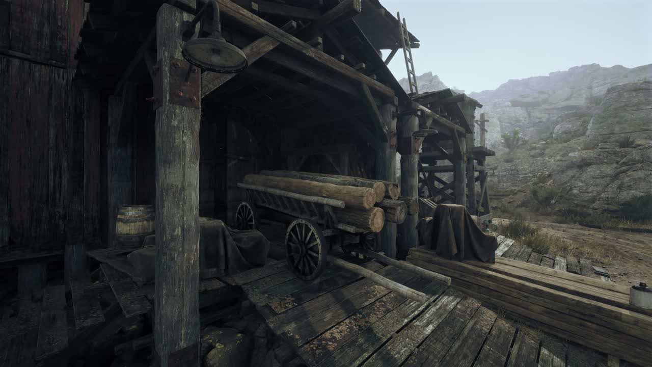 그 앞 에 로그 카트 가 있는 은 나무 건물