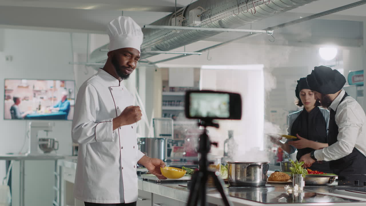 African american chef recording cooking show TV program