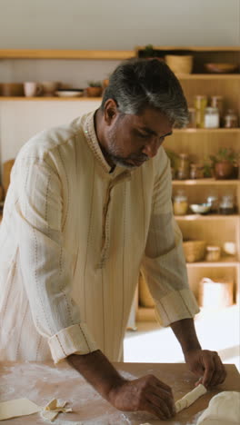 man kneading dough on a wooden counter in a kitchen