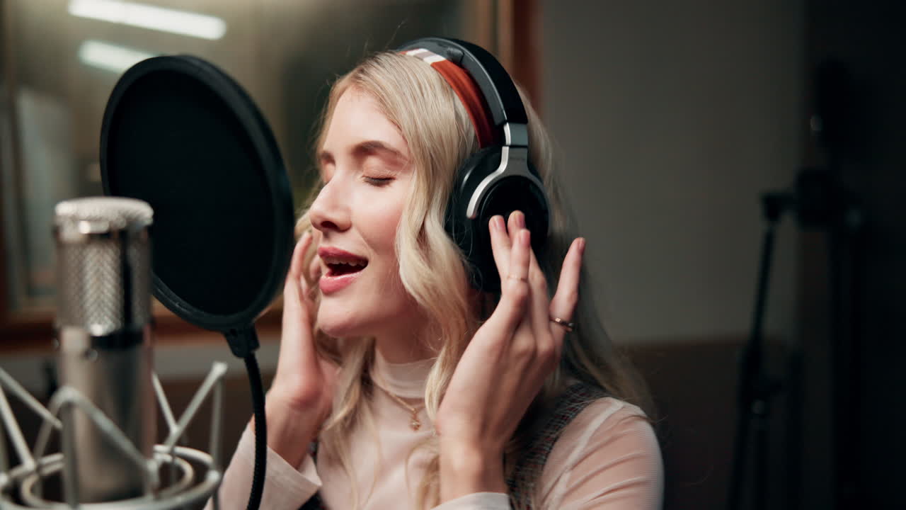 Woman recording music in studio with microphone and headphones