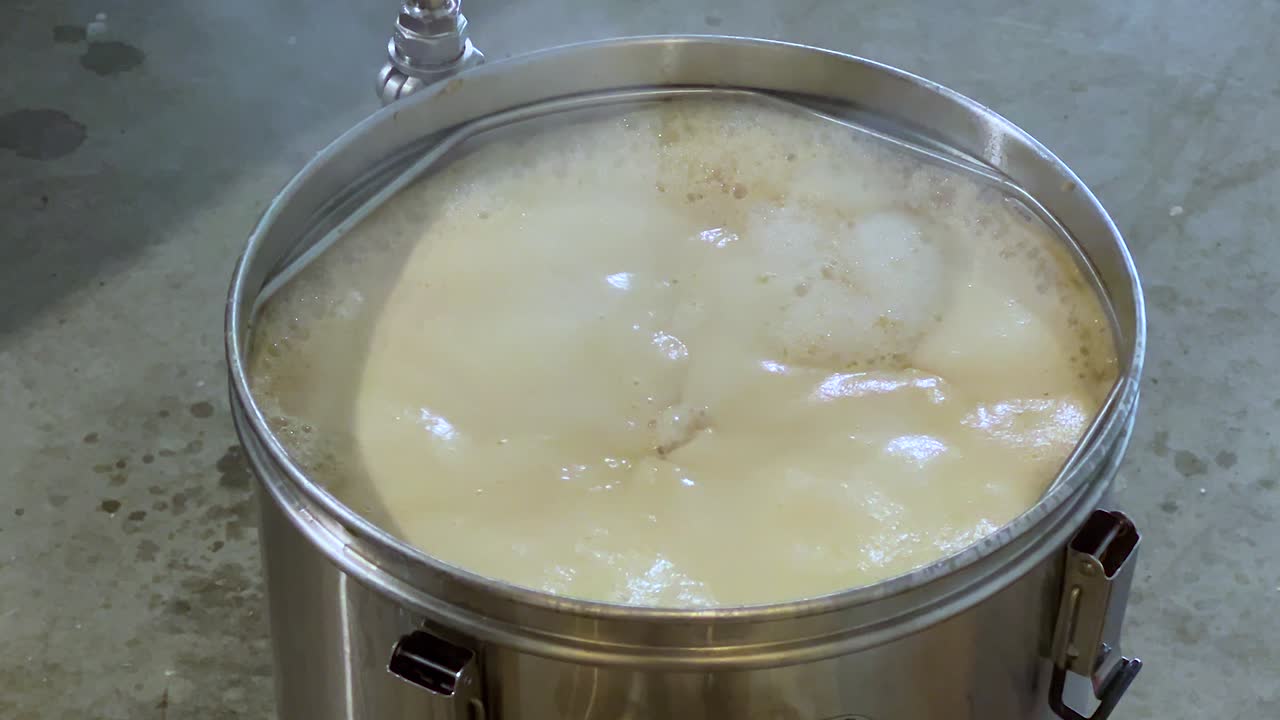 Boiling beer wort in a pot, homebrewing process, steamy and warm activity