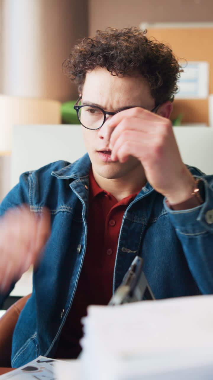 Frustrated Young Man Closes Laptop and Yawns at Desk