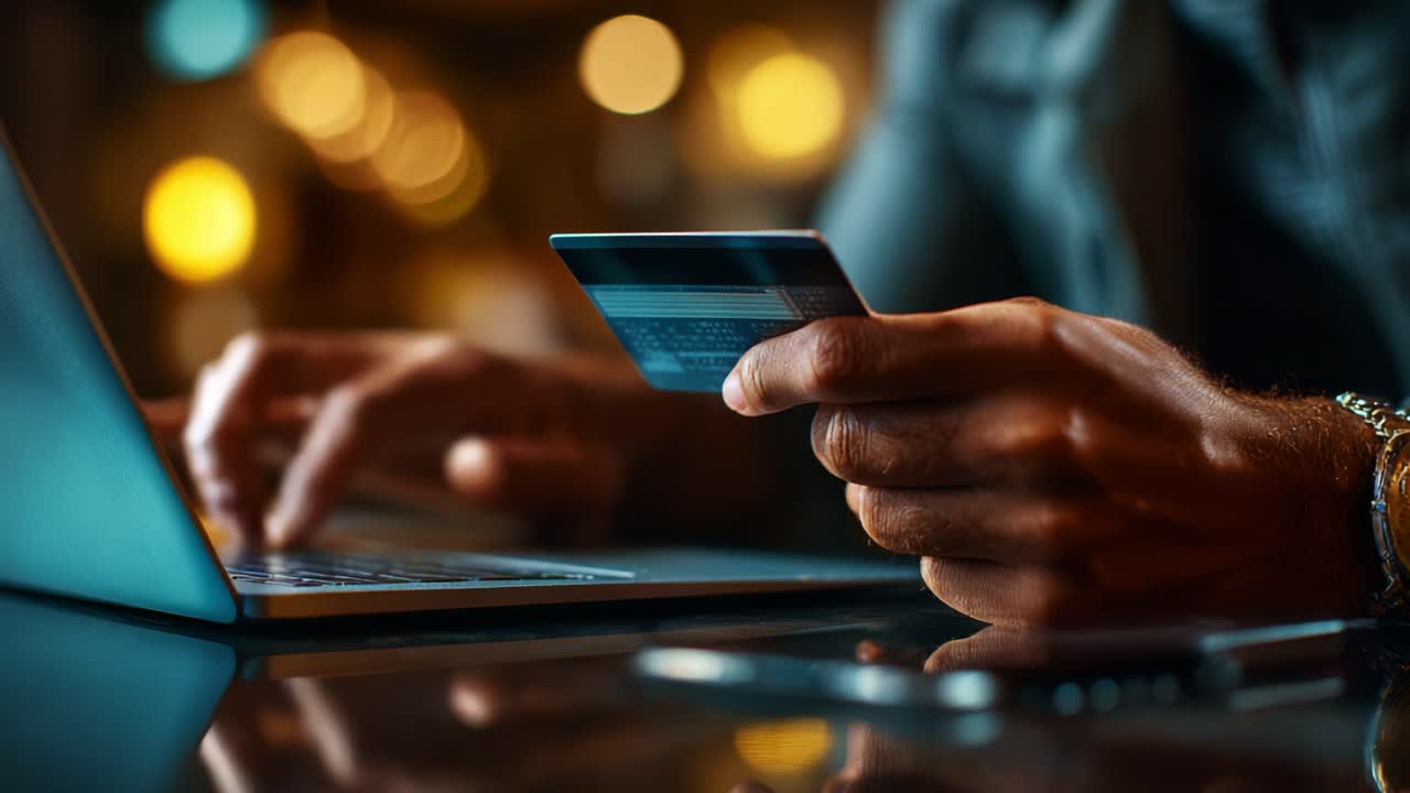 A Focused Individual Engaging in Online Transactions with a Credit Card While Using a Laptop in a Modern, Dimly Lit Environment Filled with Soft, Ambient Lighting