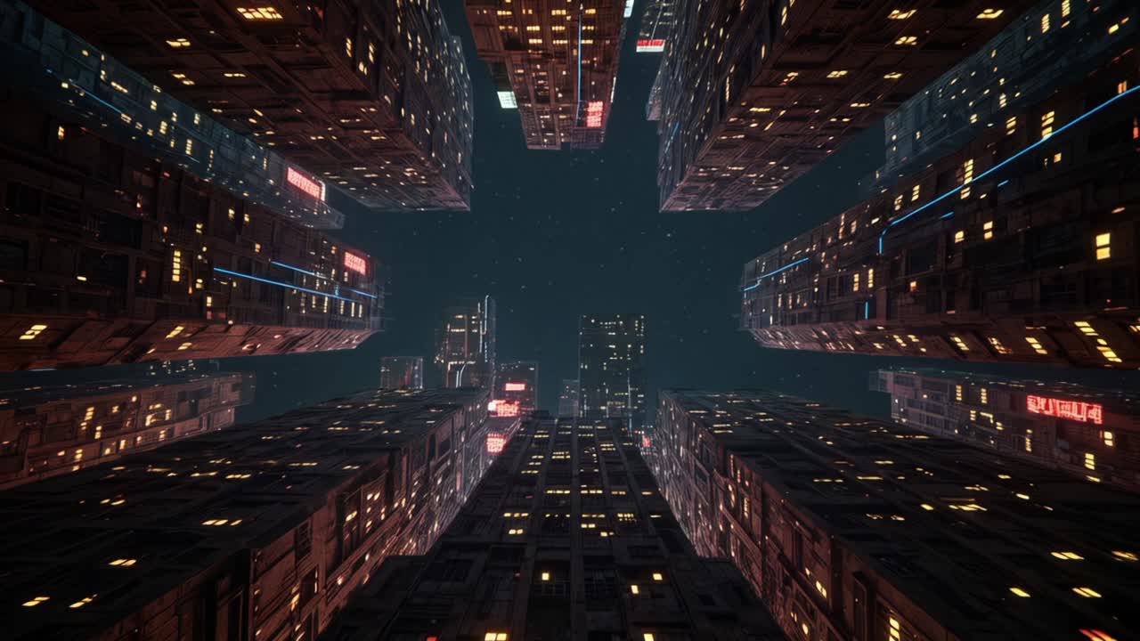 Experience the stunning view from the ground looking up at skyscrapers bathed in the warm glow of city lights during twilight. The towering buildings create an impressive canyon-like effect, creating a vibrant ambience filled with energy. As the sky darkens, the illuminated windows and neon accents 