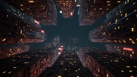 experience the stunning view from the ground looking up at skyscrapers bathed in the warm glow of city lights during twilight. the towering buildings create an impressive canyon-like effect, creating a vibrant ambience filled with energy. as the sky darkens, the illuminated windows and neon accents