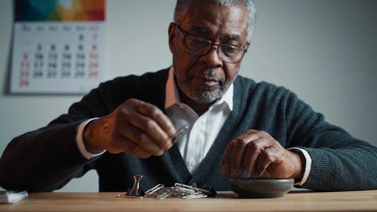 An elderly gentleman meticulously organizes keys on a wooden table, showcasing his focus and dexterity while surrounded by a calm and minimalist setting.