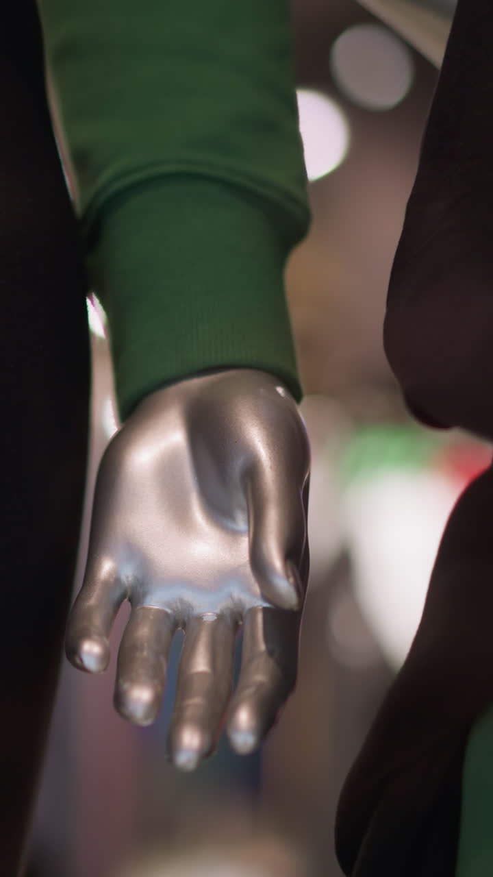 vista en primer plano de una mano de maniquí plateado con vestido en pantalones negros y manga verde, contra un fondo borroso