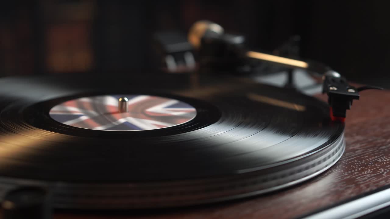Vinile che gira con bandiera britannica su giradischi vintage