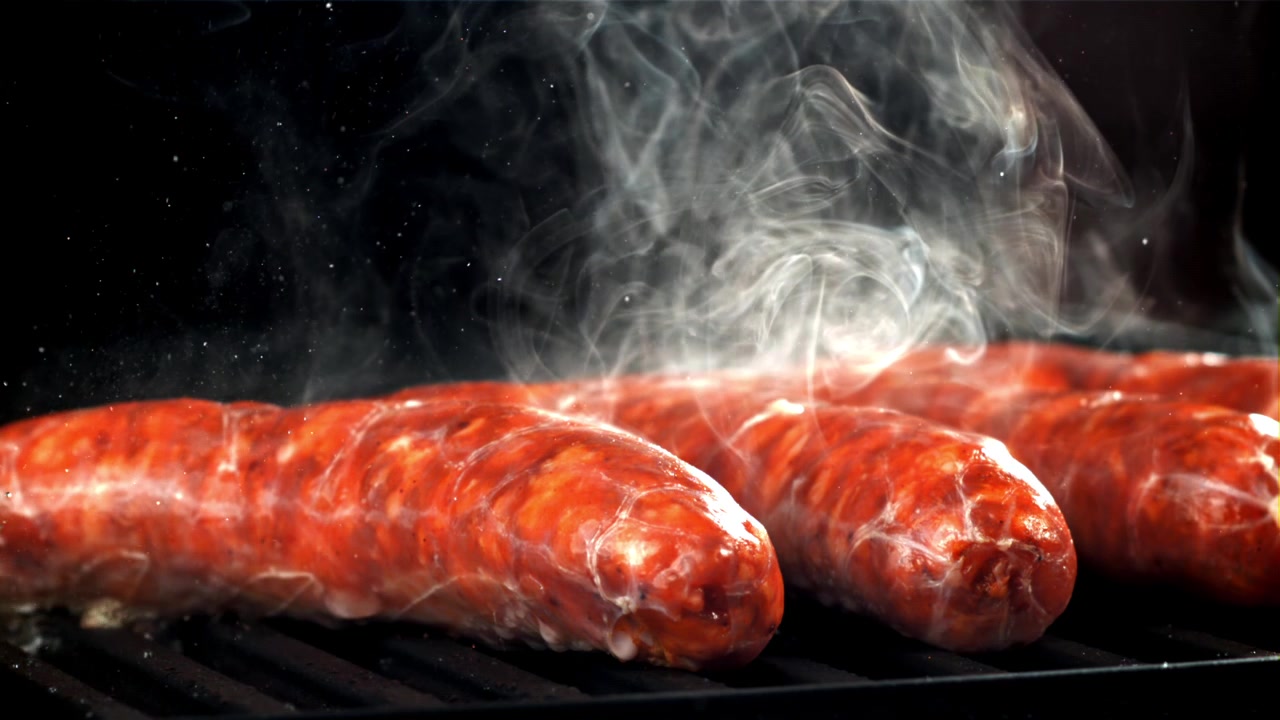 Primo piano di salsicce che grigliano sul barbecue con fumo che sale
