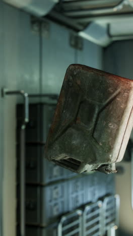 rusty jerrycan hanging from a ceiling