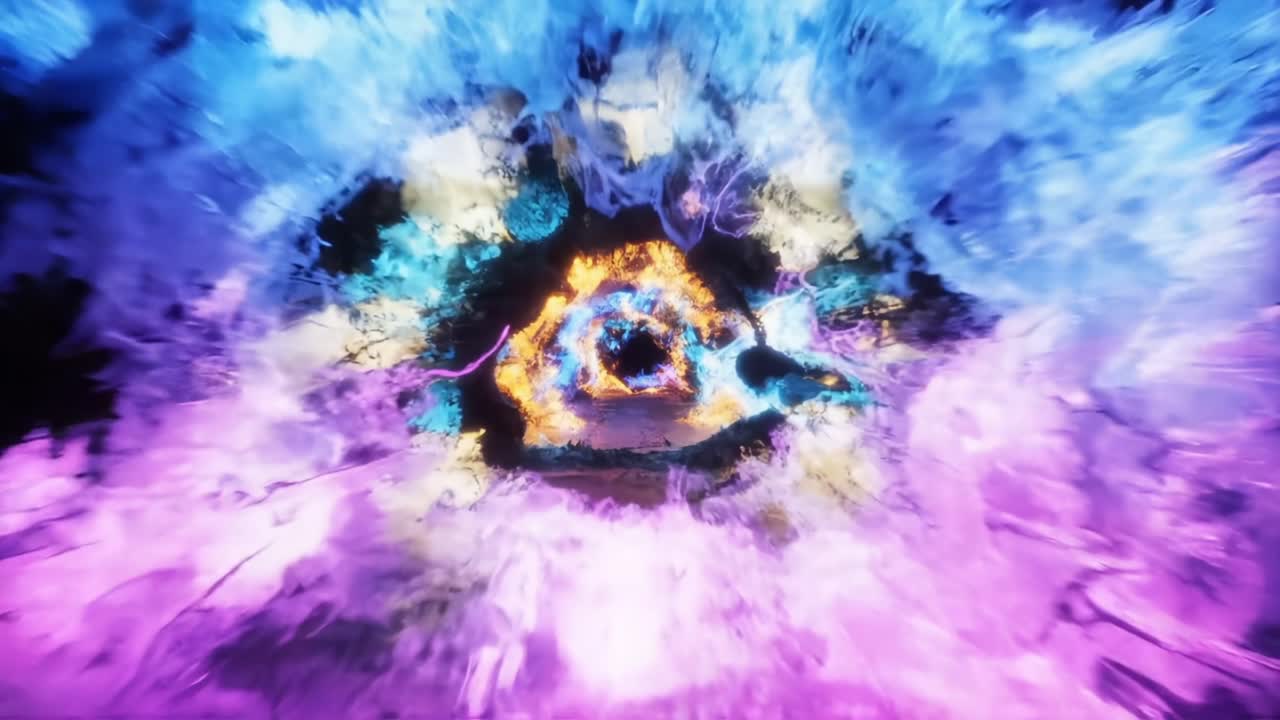 Un'esplosione dinamica di luce ed energia colorata che crea una vivida esperienza visiva astratta in uno spazio enigmatico di movimento e profondità