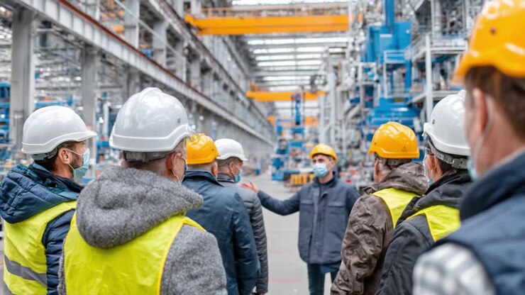 A Detailed Overview of Safety Protocols and Team Dynamics in an Industrial Environment During a Guided Tour Led by a Supervisor at a Manufacturing Facility