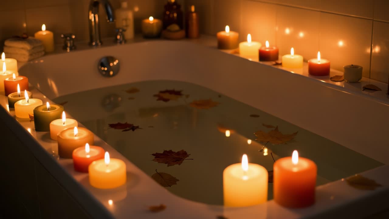 Serene Bath Setting with Floating Leaves and Ambient Candle Light for Relaxation and Tranquility in a Cozy Atmosphere