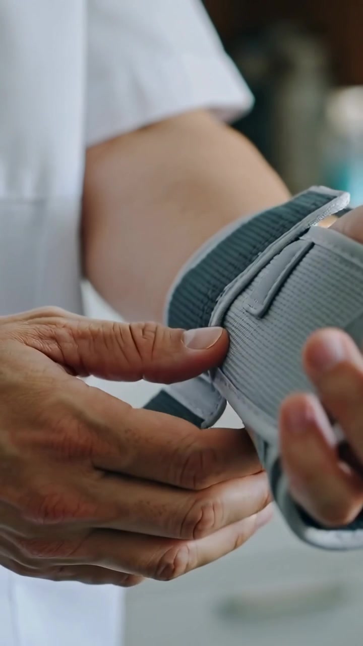 Video verticale: Afferrando il Velcro, una mano che indossa un tutore grigio per il polso a casa, assicurando la vestibilità con un top bianco.