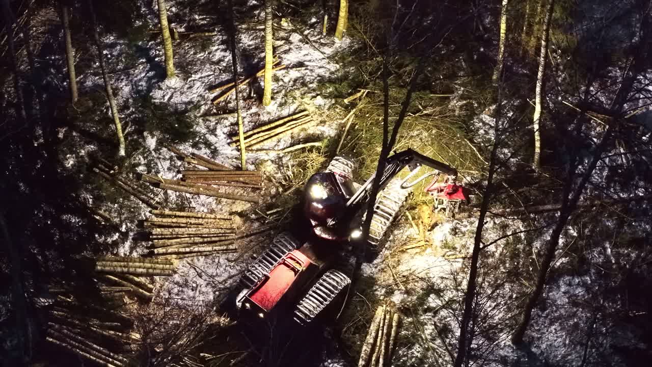Aerial night timelapse of a forestry harvester cutting and stacking logs in a snowy woodland, machine lights glowing over winter tree harvest
