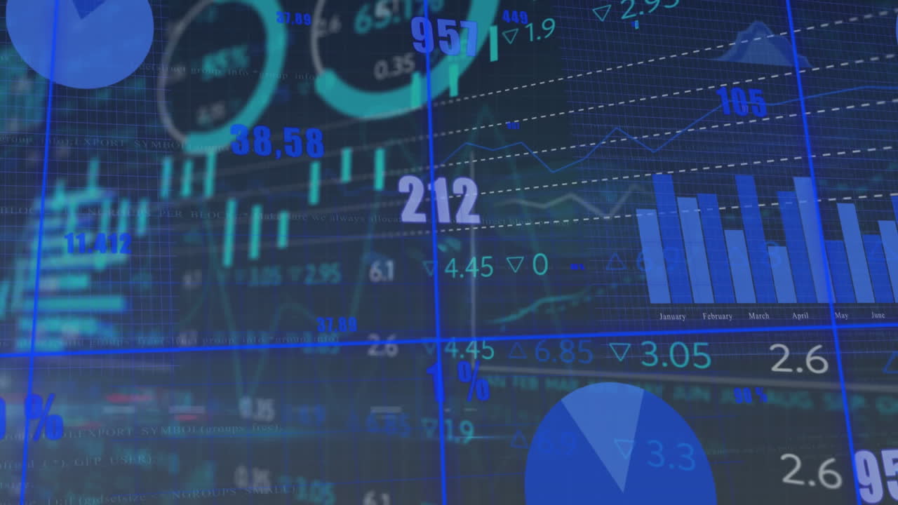 animación del procesamiento de datos estadísticos y del mercado de valores contra un fondo azul